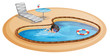 A boy swimming at the pool with a beach chair and table