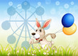 A bunny running in the garden with balloons