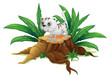 A cute cat on a stump with leaves