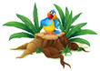 Vettoriale: A colorful parrot standing on a stump with leaves A colorful parrot standing on a stump with leaves