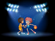 Two boys playing basketball at the center of the stage