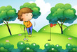 Vektor: A woman playing golf at the top of the hill A woman playing golf at the top of the hill