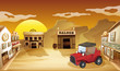 A red jeepney outside the saloon