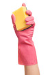 Hand in a pink glove holding sponge