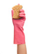 Hand in a pink glove holding sponge