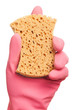 Hand in a pink glove holding sponge