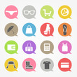 Shopping web icons set in color speech clouds