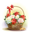 Wedding card.    Rings and  wicker basket  with roses.
