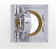 Bank vault door on gray wall