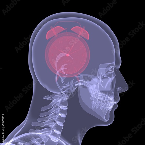 Illustration: Red alarm clock in head Red alarm clock in head