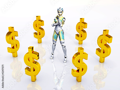 Illustration: Female Robot with Dollar Signs Female Robot with Dollar Signs
