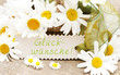 canvas print picture - Margeriten mit Schild "Glückwünsche!"