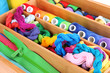 Colorful threads for needlework in wooden box close up