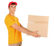 Foto: Young delivery man holding parcel, isolated on white Young delivery man holding parcel, isolated on white