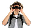 Young hiker man tourist with binocular, isolated on white