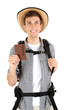 Young hiker man tourist holding passport, isolated on white