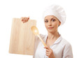 Photo: Chef In Uniform With Cutting Board Isolated On White Background Chef In Uniform With Cutting Board Isolated On White Background