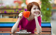 Photo: Style redhead girl with cup and cake Style redhead girl with cup and cake