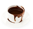 Cup of hot chocolate cocoa flow on white background, close up