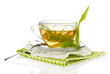 Glass cup of tea with linden isolated on white