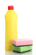 Dishwashing liquid and sponges isolated on white.
