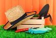 Garden tools on grass in yard