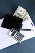 Foto: Set of business accessories on gray background Set of business accessories on gray background