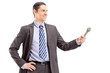 Professional male reporter holding a microphone