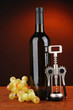 Composition of corkscrew and bottle of wine, grape,