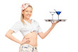 Photo: Young waitress in short pants holding a tray with two cocktails Young waitress in short pants holding a tray with two cocktails
