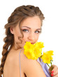 Young woman with beautiful hairstyle and flowers, isolated