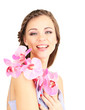 Young woman with beautiful hairstyle and flower, isolated