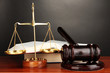 Wooden gavel, golden scales of justice  and books