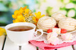 Beautiful composition with cup of tea and marshmallow