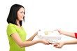 Beautiful girl gets order pizza isolated on white
