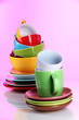 Mountain colorful dishes on pink background