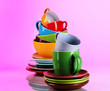 Mountain colorful dishes on pink background
