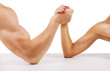 A man and woman with hands clasped arm wrestling, isolated on wh