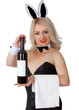 Waitress in bunny suit shows a bottle of wine