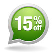 15 percent off green speech bubble