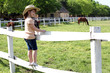 little girl with cowboy hat standing on corral and watching hors