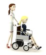 3d render of cartoon character on manual wheel chair