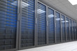 Hallway with row of tower servers