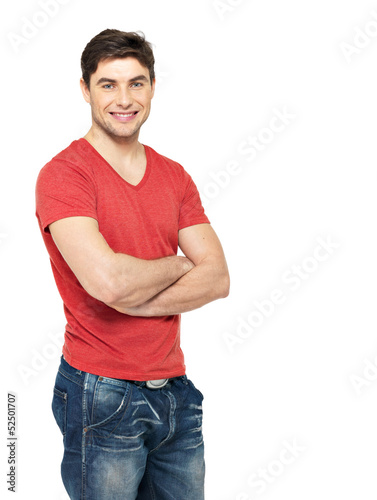 Photo: smiling handsome man in casuals red t-shirt smiling handsome man in casuals red t-shirt