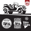 Classic car isolated vector. Retro style car garage labels.