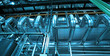 Photo: Industrial zone, Steel pipelines and cables in blue tones Industrial zone, Steel pipelines and cables in blue tones