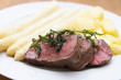 beef fillet with white asparagus and potatoes