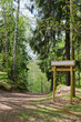 Wooden sign board on the natural trail. In the . forest park