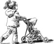 little girl with a baby carriage