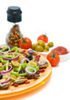 Photo: pizza, tomatoes, olives and spices on a white background pizza, tomatoes, olives and spices on a white background